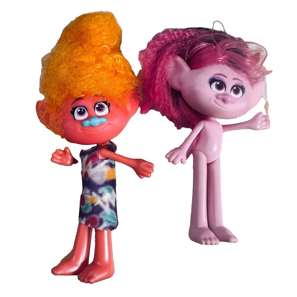DreamWorks Trolls Doll Lot of 2 Figures 8 Inch Pink Orange Hair Plush Toy Collec
